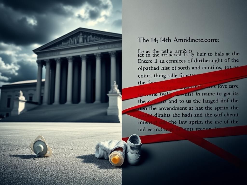 Flick International Dramatic scene depicting the Supreme Court building and baby items representing citizenship issues.