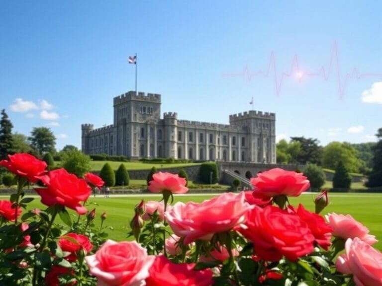 Flick International A serene view of Windsor Castle with a blooming rose garden in the foreground