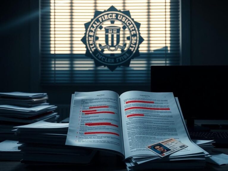 Flick International Dimly lit room filled with declassified documents related to election interference