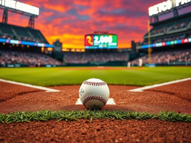 Flick International Baseball resting on home plate at Petco Park, symbolizing Manny Machado's milestone 2,000th career hit.