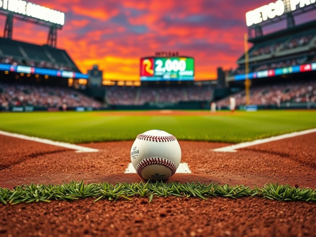 Flick International Baseball resting on home plate at Petco Park, symbolizing Manny Machado's milestone 2,000th career hit.