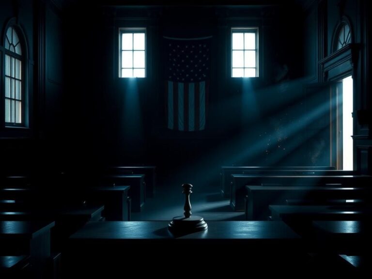 Flick International Darkened courtroom scene with empty benches and the judge's gavel, creating an atmosphere of legal tension.