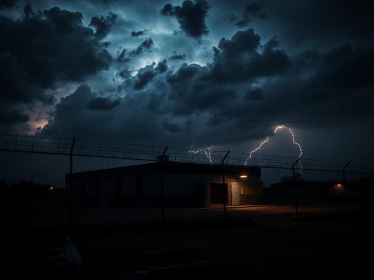 Flick International Dark silhouette of a Border Patrol facility in McAllen, Texas, surrounded by fencing and stormy skies