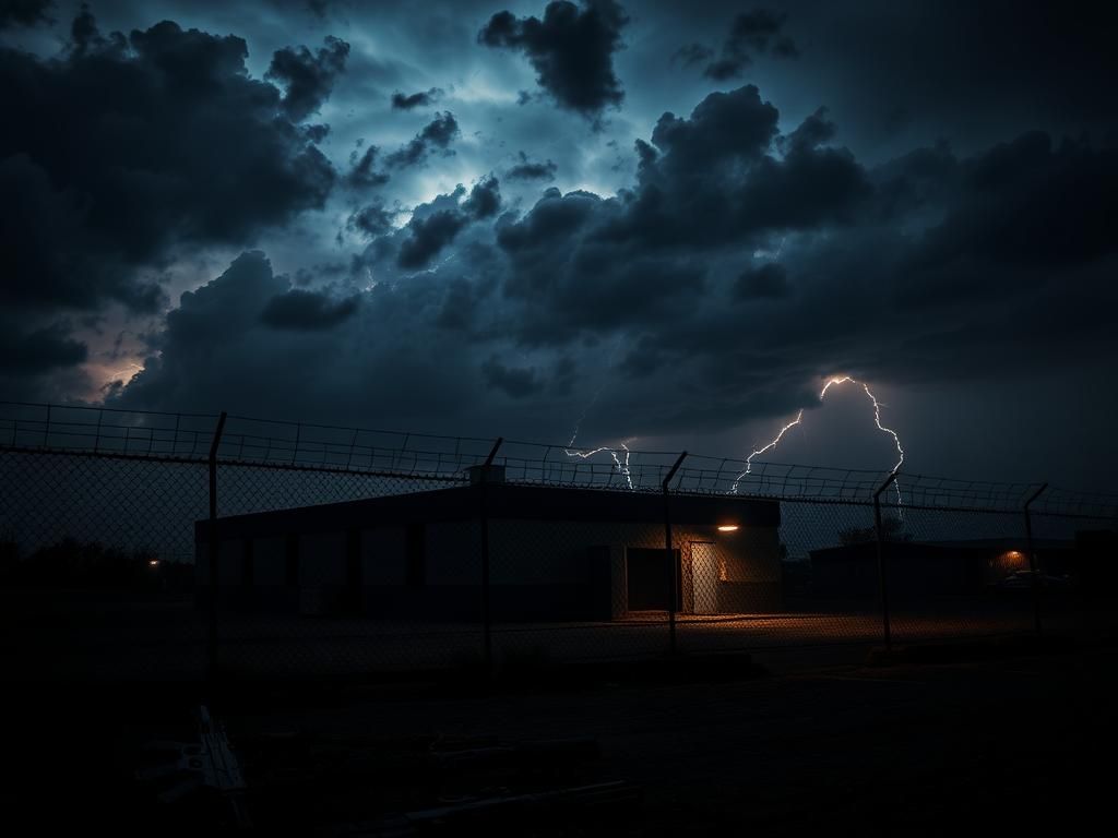 Flick International Dark silhouette of a Border Patrol facility in McAllen, Texas, surrounded by fencing and stormy skies