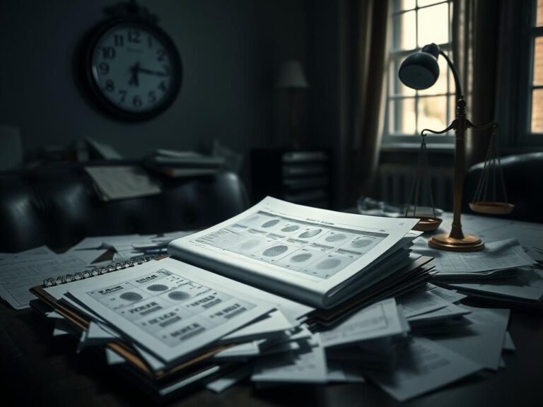 Flick International Dimly lit room filled with scattered legal documents illustrating a sense of confusion and frustration related to a criminal justice failure