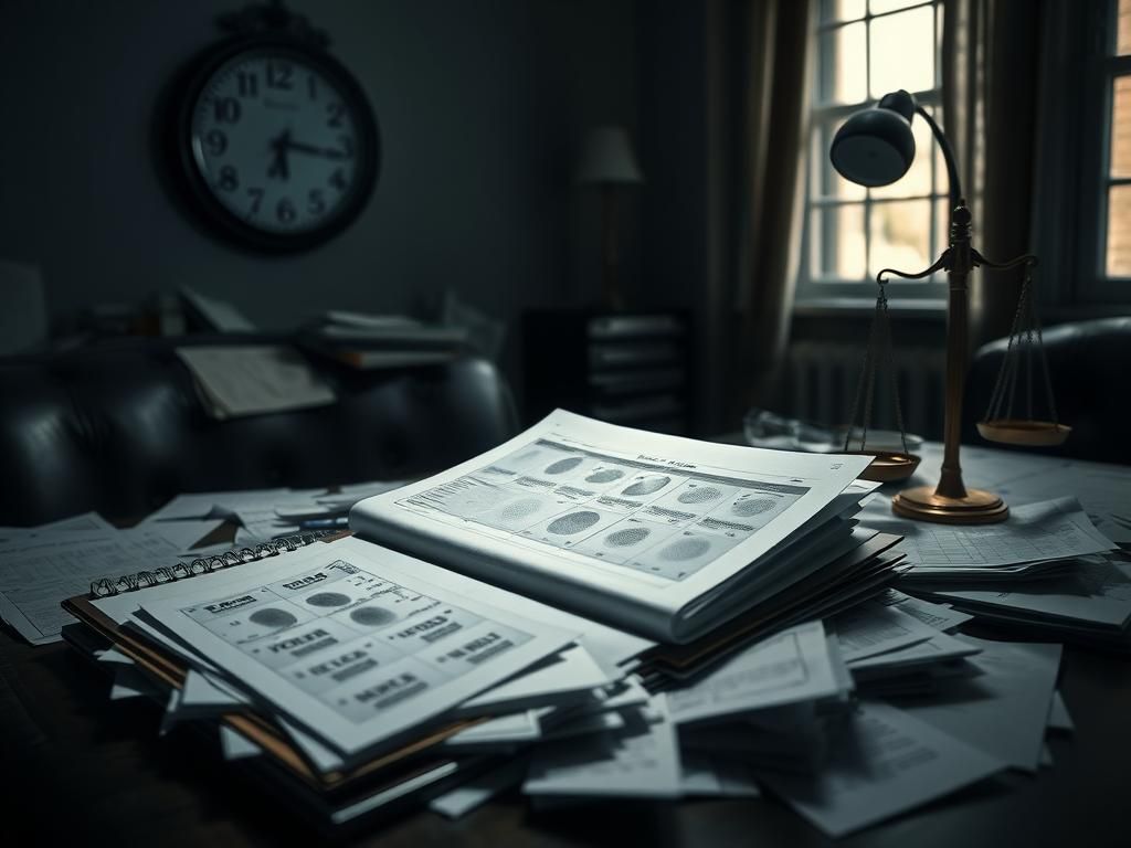 Flick International Dimly lit room filled with scattered legal documents illustrating a sense of confusion and frustration related to a criminal justice failure