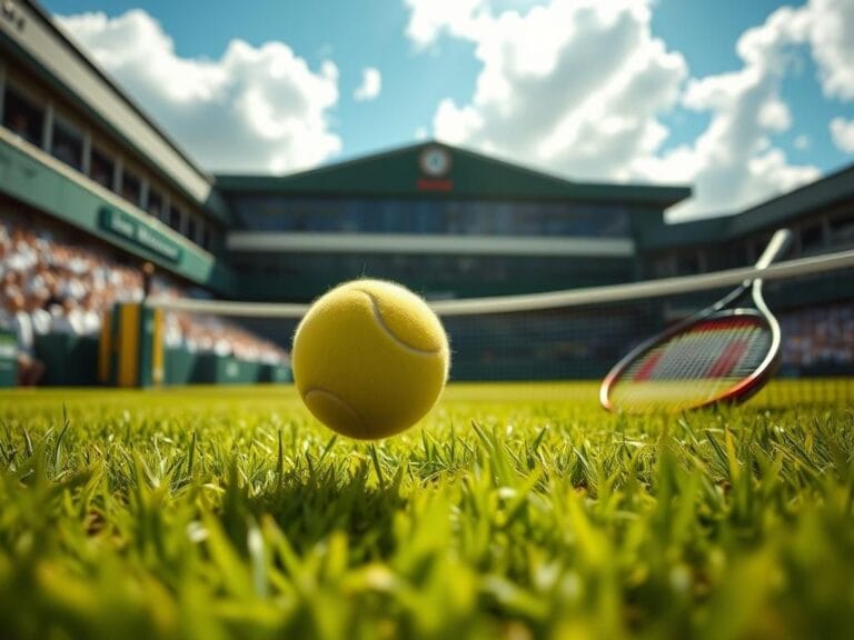 Flick International A dynamic scene of a tennis court at Wimbledon with a bouncing tennis ball