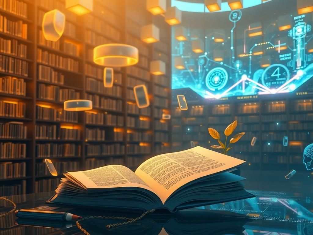 Flick International A surreal scene of a vast library with floating, glowing books symbolizing knowledge and AI influence.