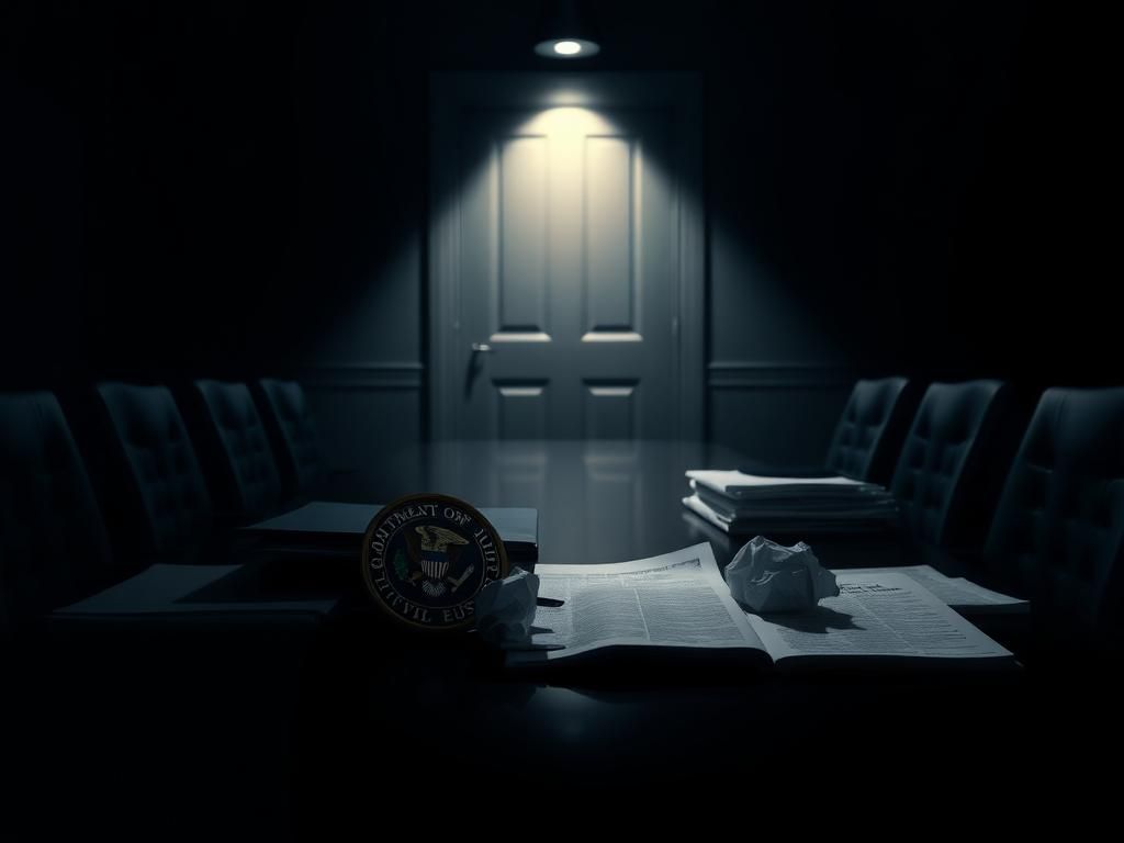 Flick International A dimly lit conference room table with a spotlight on important documents and the Department of Justice seal