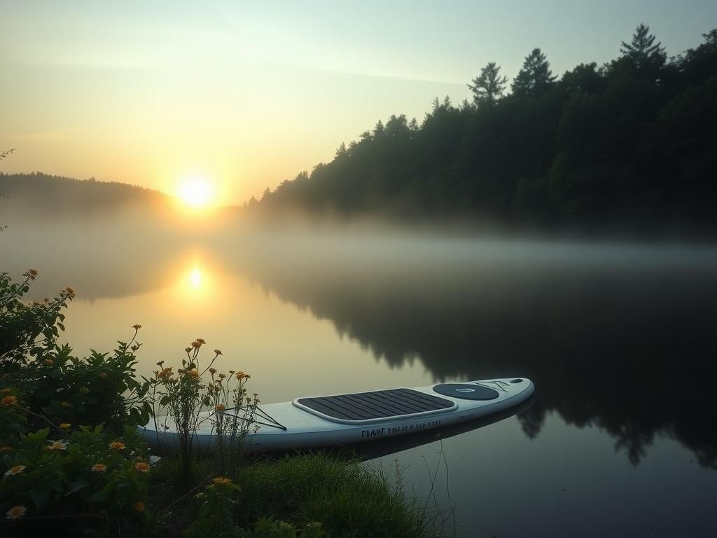 Flick International Abandoned paddleboard half-submerged at Crawford Pond, surrounded by wildflowers