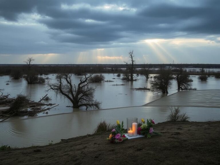 Flick International A somber landscape of a flooded area in Texas showcasing the aftermath of a natural disaster