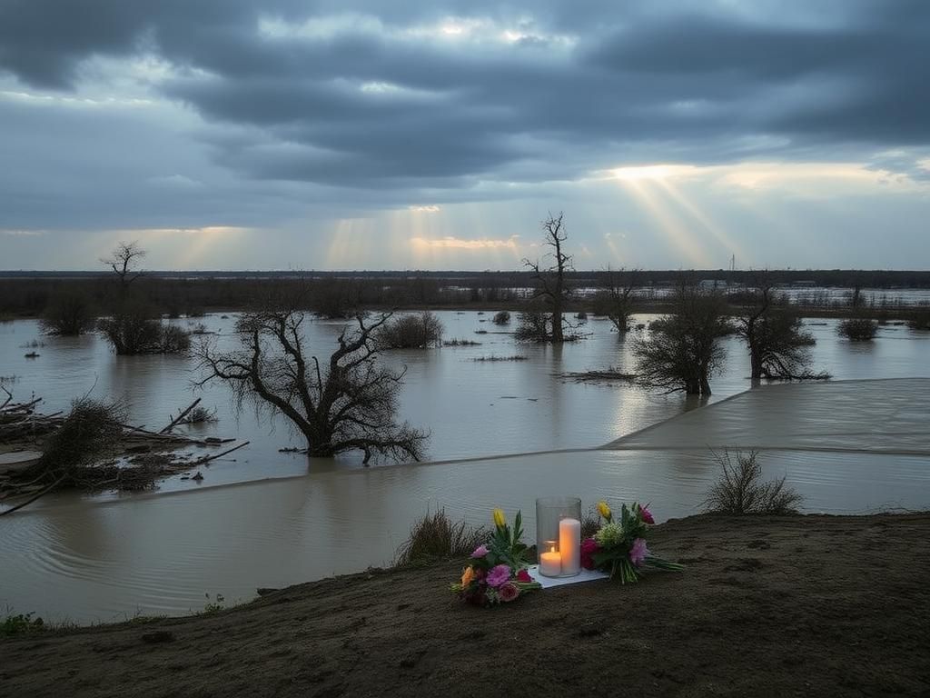 Flick International A somber landscape of a flooded area in Texas showcasing the aftermath of a natural disaster