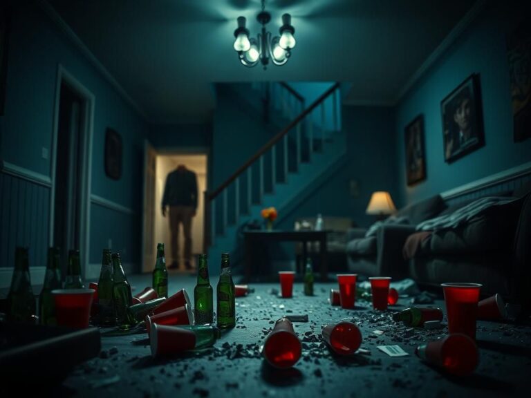 Flick International Chaotic aftermath of a suburban house party with scattered remnants hinting at a recent brawl