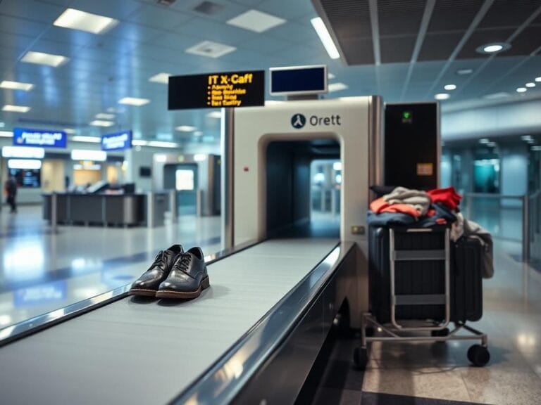 Flick International Modern airport security checkpoint with an X-ray machine and shoes on a conveyer belt