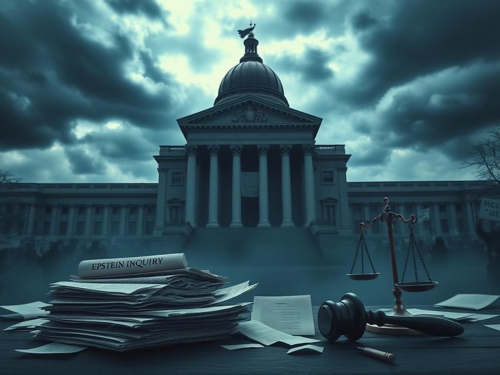 Flick International Dramatic scene of a government building under dark clouds with legal documents related to the Epstein inquiry in the foreground.