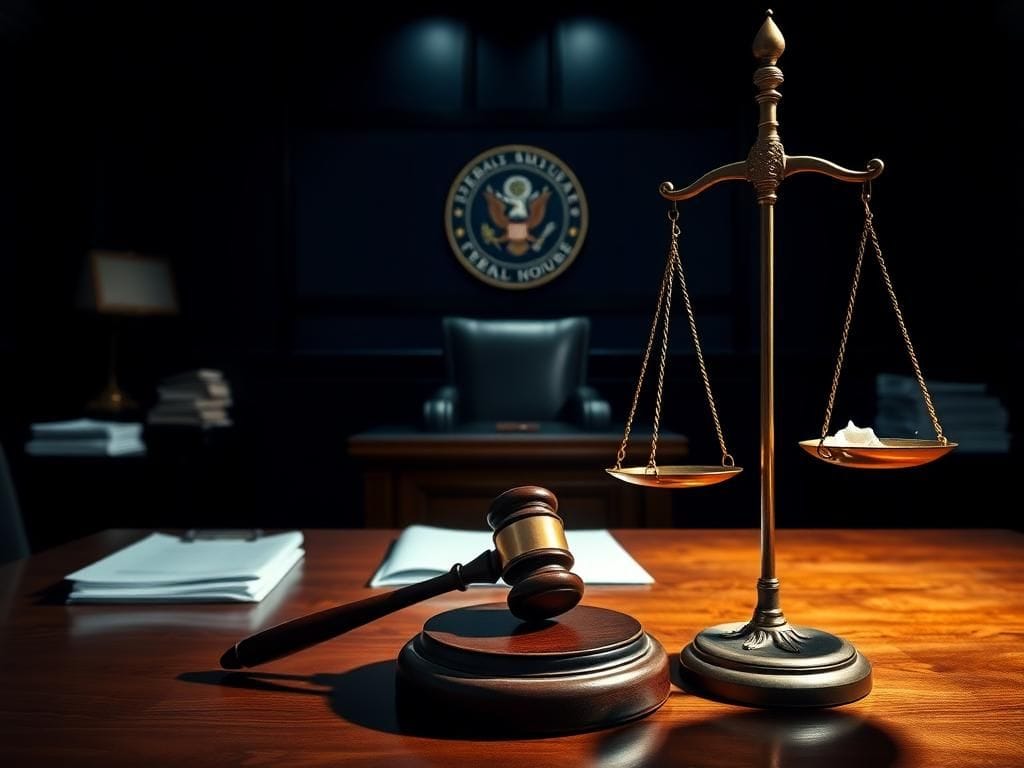 Flick International Empty judge's bench with gavel on a polished wooden table amidst legal documents and a federal courthouse seal, representing judicial integrity and controversy.