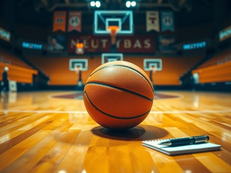 Flick International Dramatic close-up of a polished basketball court with a stationary basketball and blurred team banners, symbolizing tension in women's basketball.