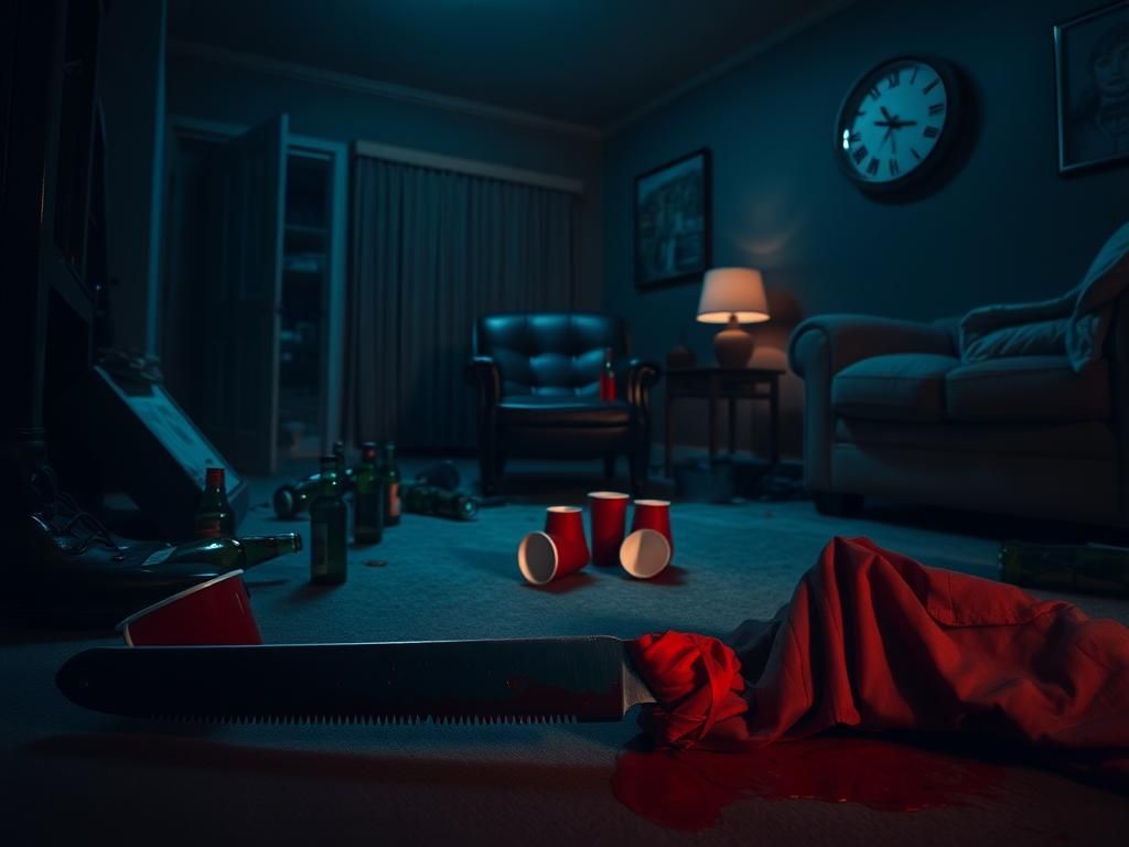 Flick International Dimly lit interior of a suburban house showing remnants of a chaotic party with empty beer bottles and a bloody knife