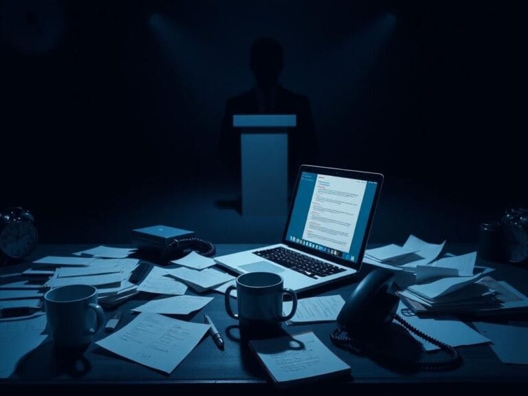 Flick International Chaotic backstage scene during a debate with scattered papers and a ringing phone