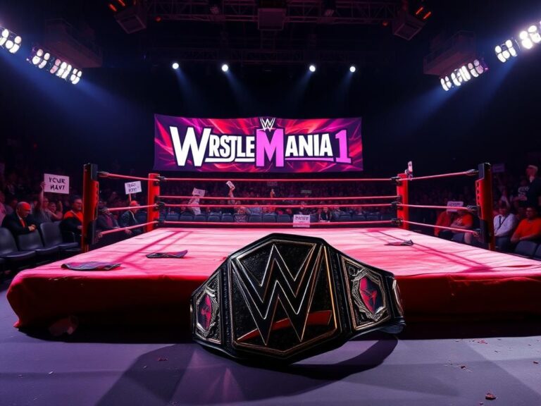 Flick International A dramatic wrestling ring set under intense spotlights with visible signs of battle.