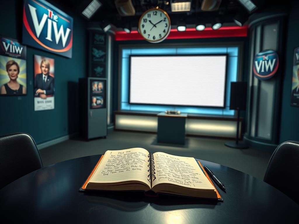 Flick International A tense backstage scene in a television studio featuring empty chairs and political strategy materials.