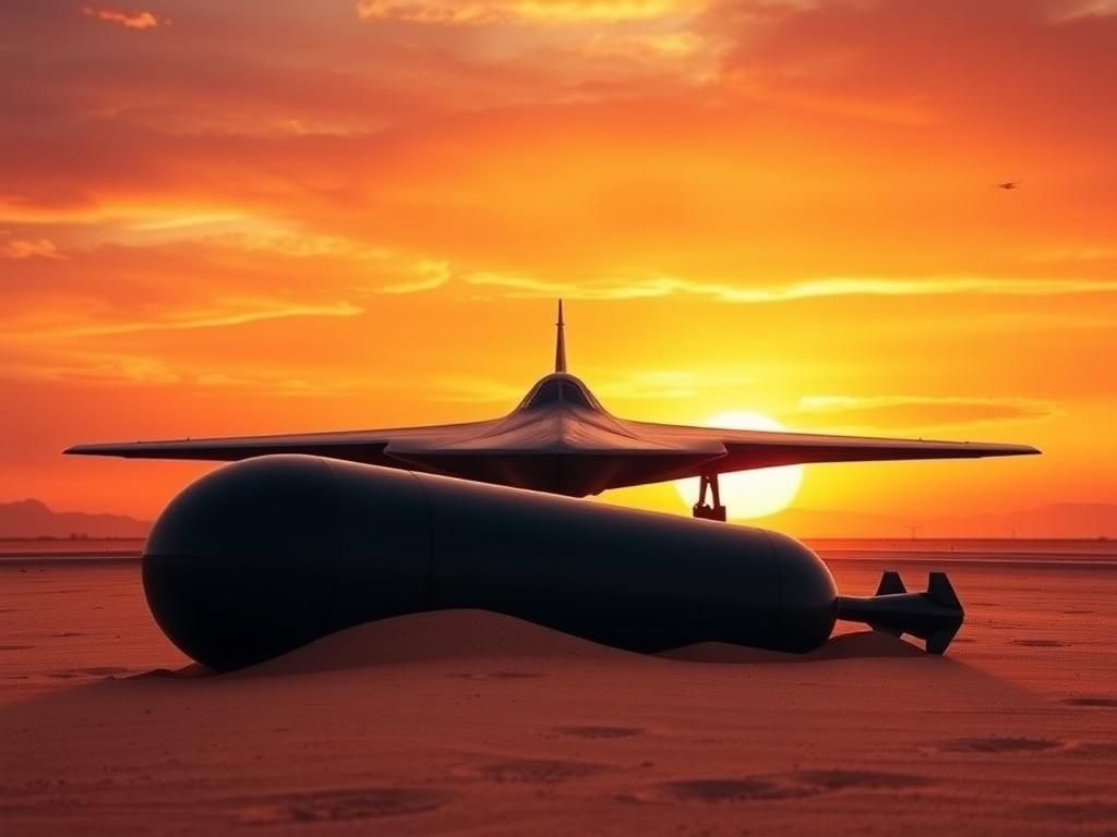 Flick International B-2 stealth bomber on a desert runway at sunset with bunker-buster bomb
