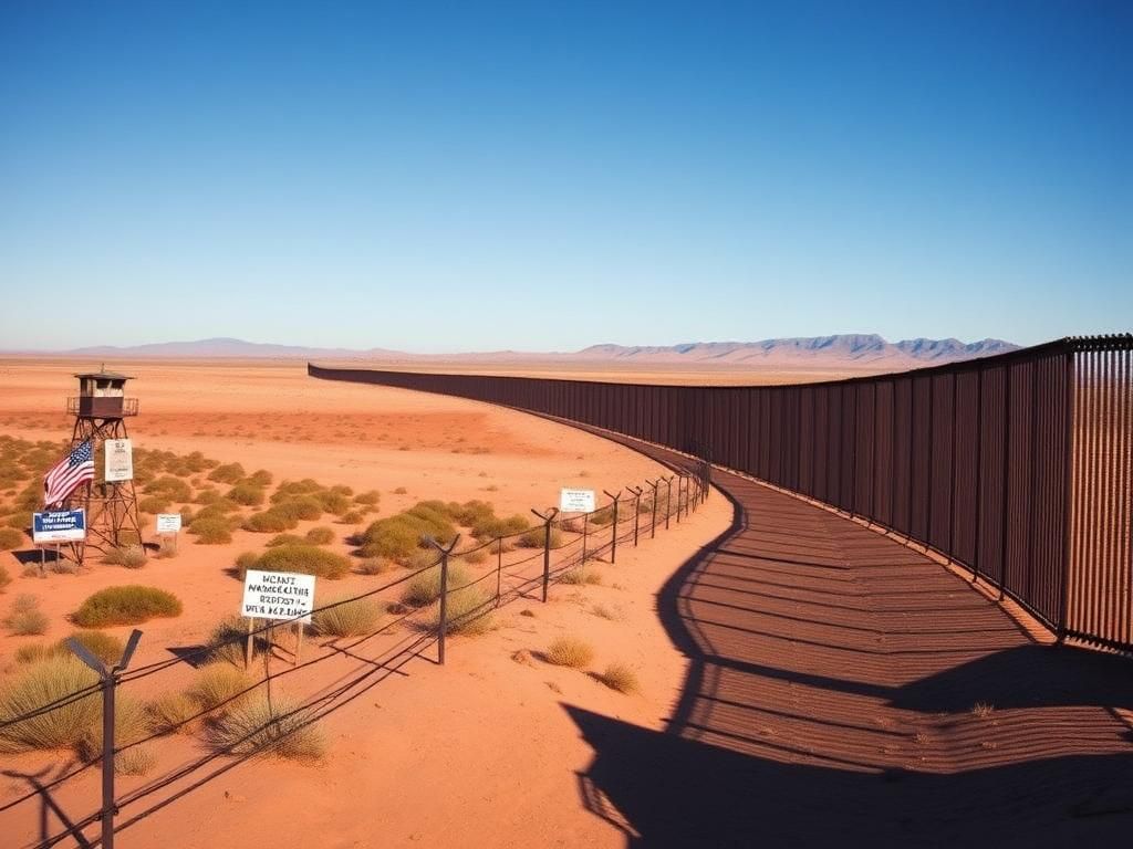 Flick International Heavily fortified U.S. border wall with barbed wire on desert terrain