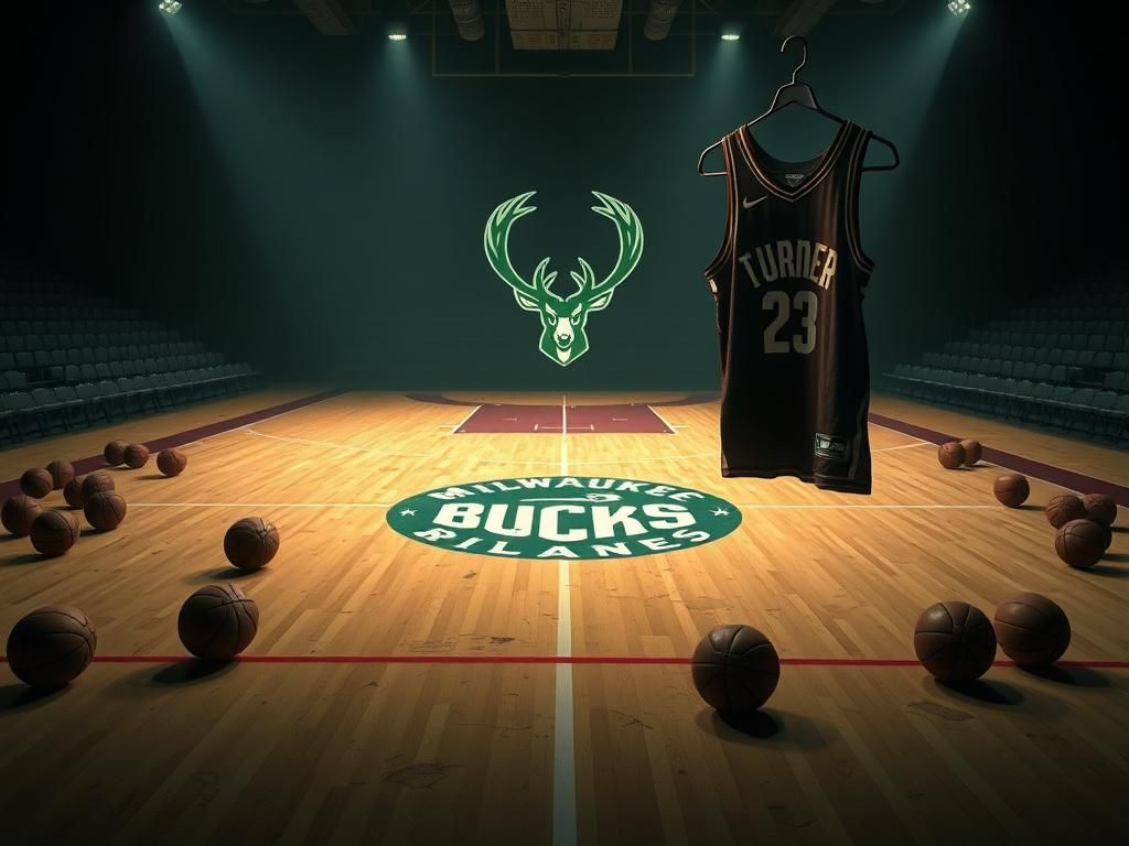 Flick International Dramatic basketball court with Bucks logo and jerseys representing roster changes