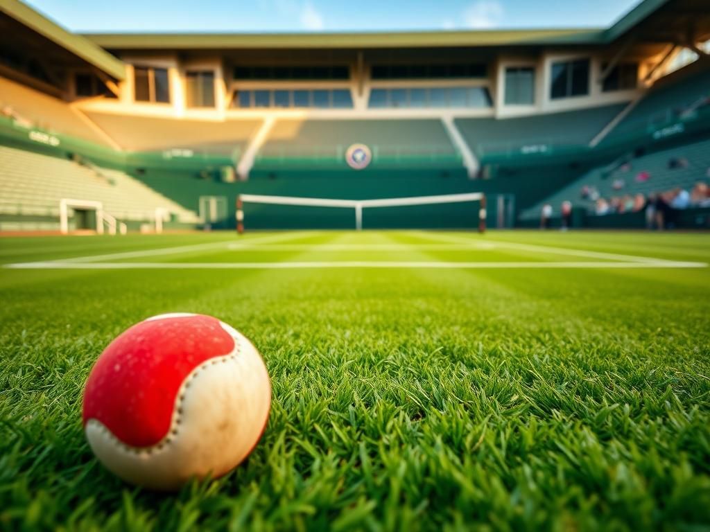 Flick International A dynamic view of a green grass tennis court at Wimbledon with a deflated tennis ball in the foreground