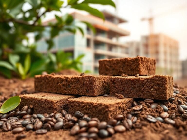 Flick International Close-up view of eco-friendly bricks made from recycled coffee grounds arranged against a natural backdrop