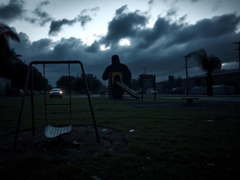 Flick International Tense scene at MacArthur Park showing a neglected playground and the looming presence of ICE agents