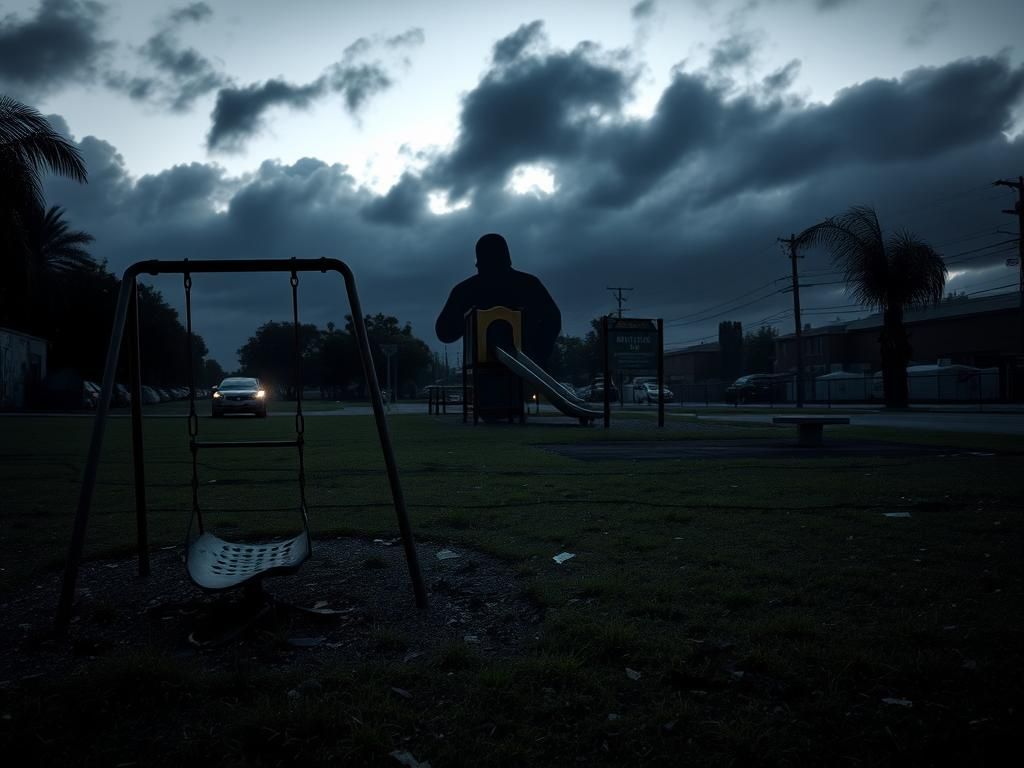 Flick International Tense scene at MacArthur Park showing a neglected playground and the looming presence of ICE agents