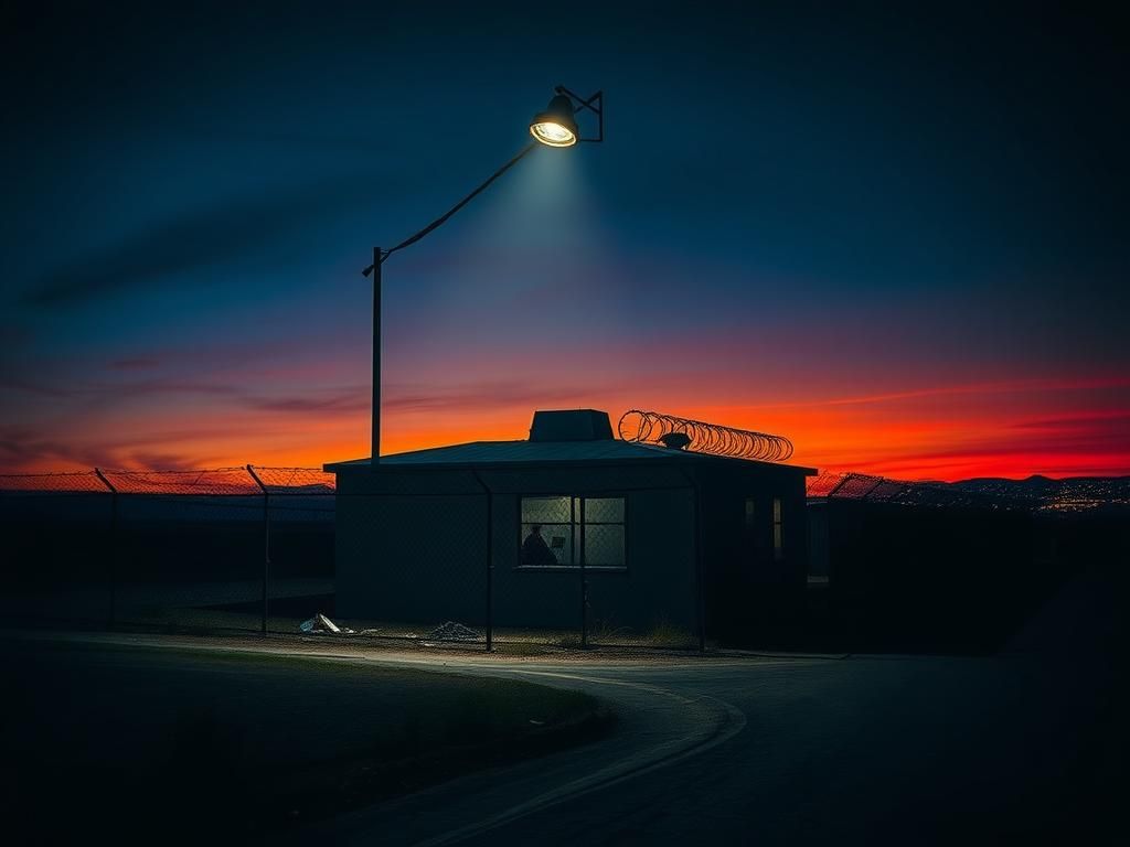 Flick International Dramatic twilight scene of a fortified immigration enforcement facility with barbed wire and shattered windows