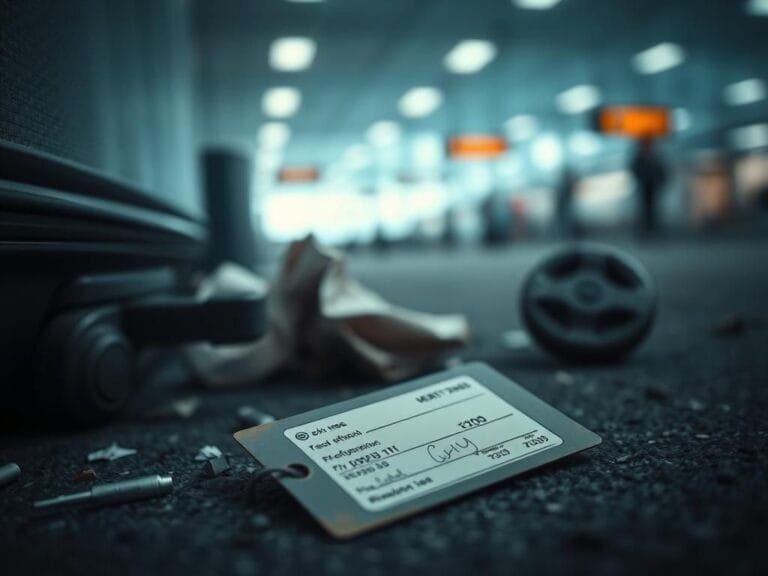 Flick International Close-up of a discarded airline bag tag on the ground, symbolizing potential identity theft and fraud risks.