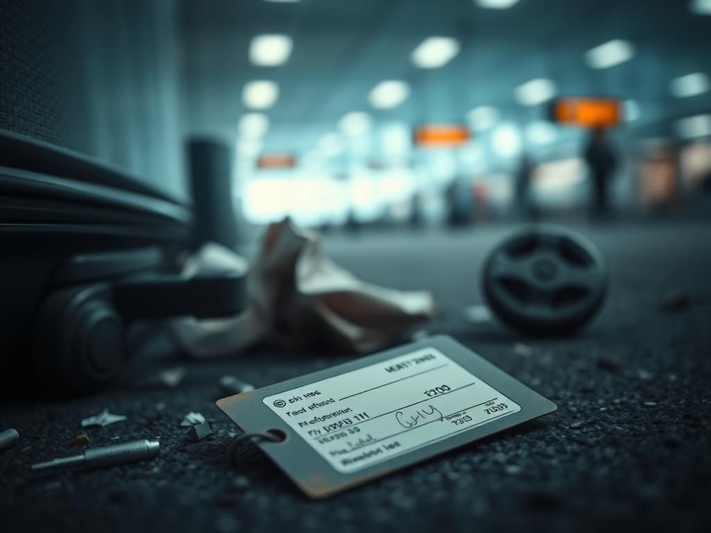 Flick International Close-up of a discarded airline bag tag on the ground, symbolizing potential identity theft and fraud risks.
