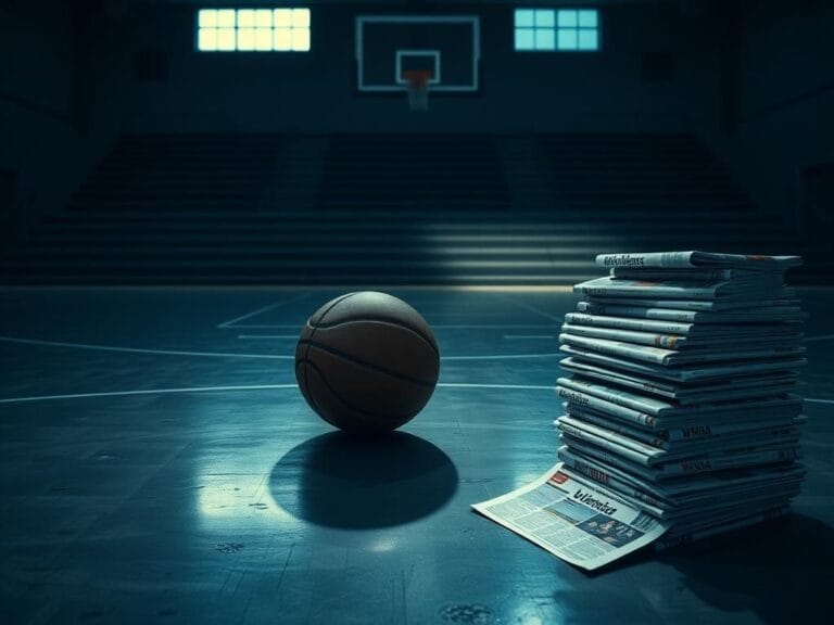 Flick International A dimly lit basketball court with a solitary basketball near the three-point line