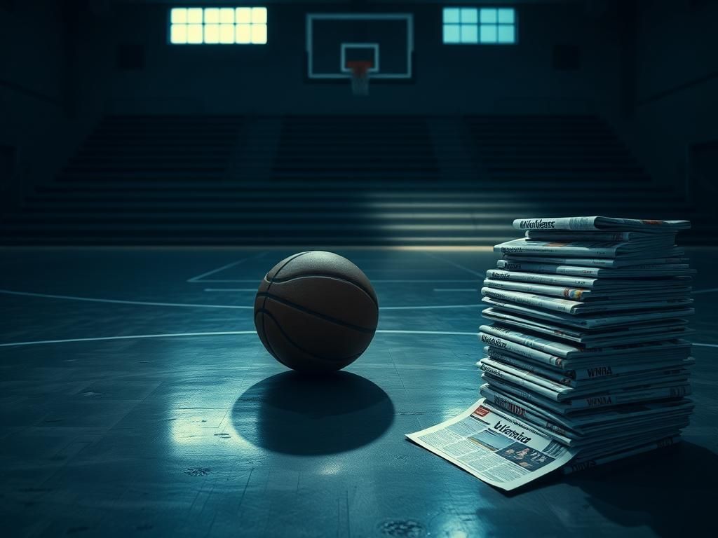 Flick International A dimly lit basketball court with a solitary basketball near the three-point line