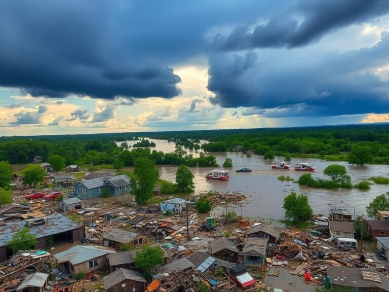 Flick International Aftermath of Texas flooding showcasing debris and submerged homes