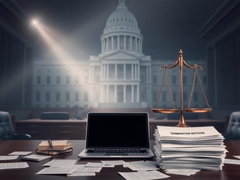Flick International Empty office desk with closed laptop and scattered papers symbolizing federal workforce reductions