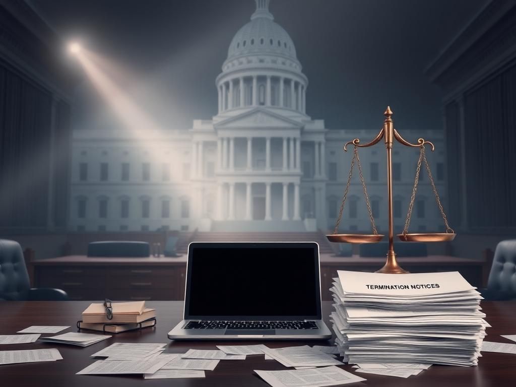 Flick International Empty office desk with closed laptop and scattered papers symbolizing federal workforce reductions