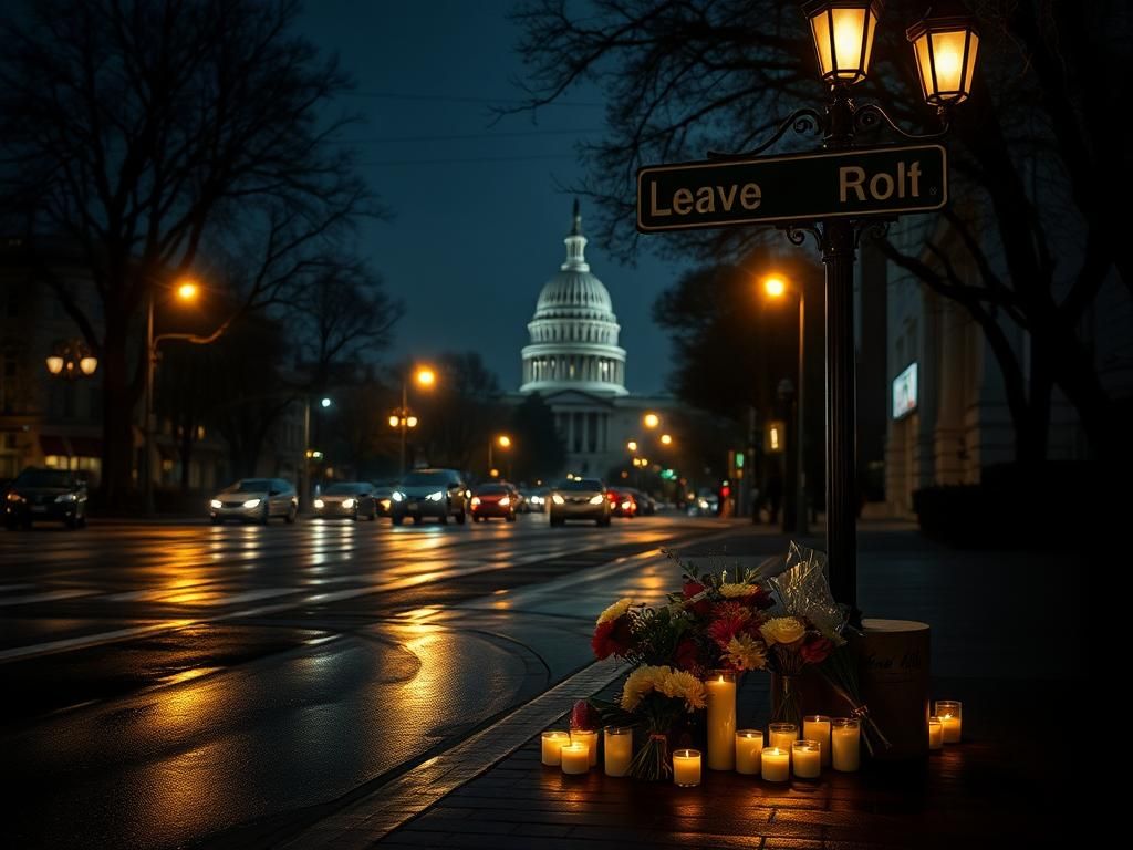 Flick International Somber urban scene in Washington D.C. at night with streetlights and a memorial for a Congressional intern.