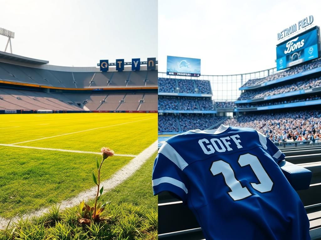 Flick International A split image contrasting SoFi Stadium of the Rams with Ford Field of the Lions, showcasing the emotional journey of Jared Goff