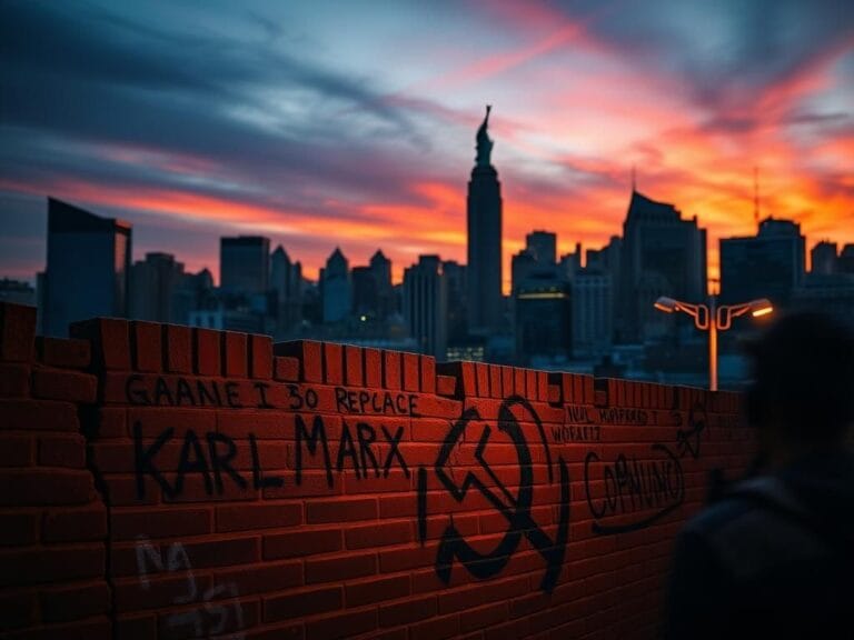 Flick International Dramatic urban skyline of New York City featuring the Statue of Liberty with graffiti quotes from Karl Marx