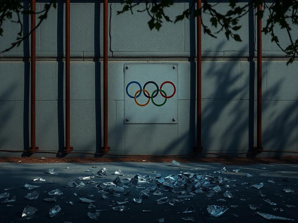 Flick International A weathered stone wall with rusted bars and shattered glass symbolizing Mary Lou Retton's DUI reflection