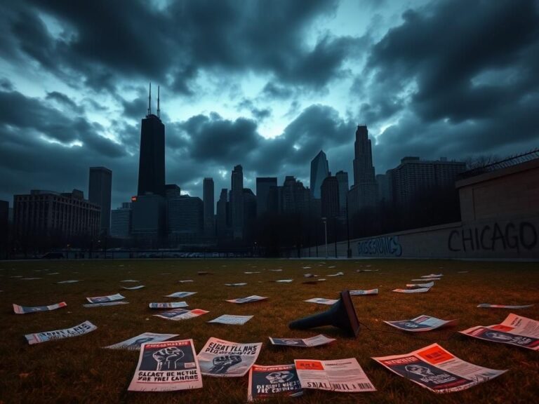 Flick International Empty park in Chicago with flyers and an abandoned podium, symbolizing radical protests and social activism