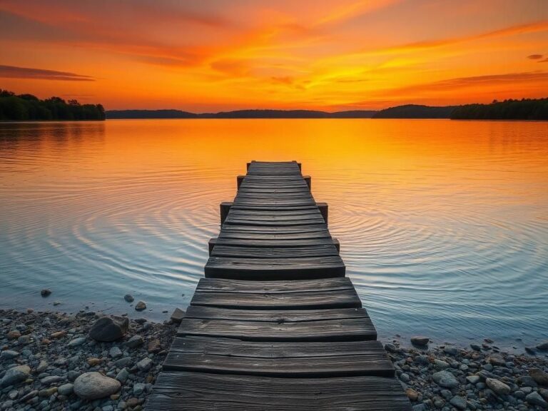Flick International Serene sunset landscape with calm lake and wooden pier symbolizing resilience