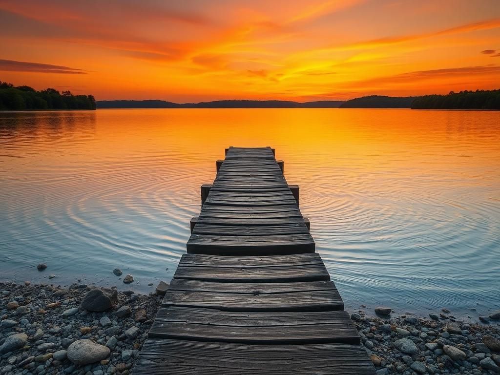 Flick International Serene sunset landscape with calm lake and wooden pier symbolizing resilience