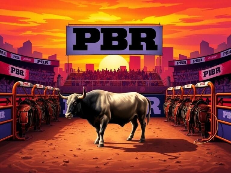 Flick International A powerful bull poised in a chute at a vibrant PBR event with rodeo equipment and cheering crowds.