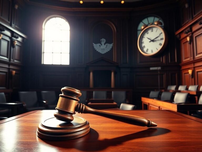 Flick International Dramatic courtroom scene with empty judicial bench and gavel