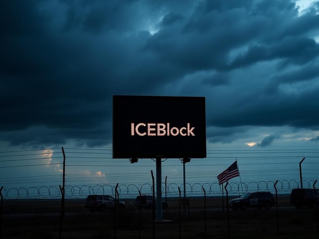 Flick International Dramatic dark stormy sky over a border landscape with a digital display of the ICEBlock app logo.
